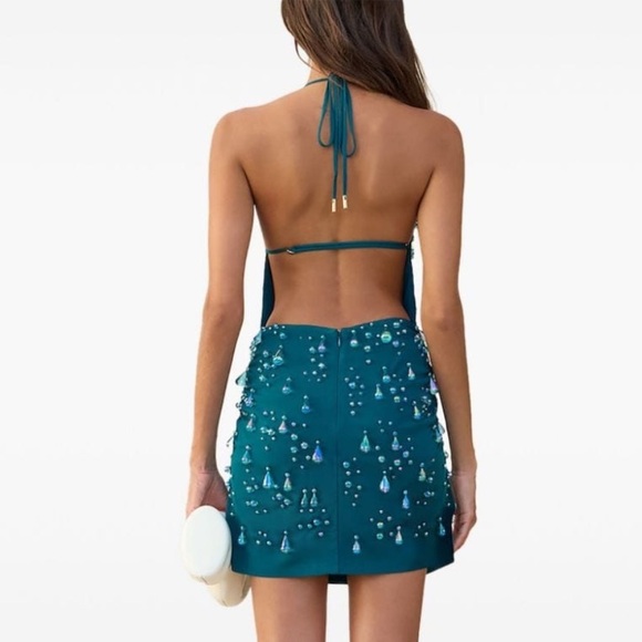 Cult Gaia Artemis Dress Seamoss Teal Embellished Mini beaded Revolve $1195 M - Picture 3 of 16